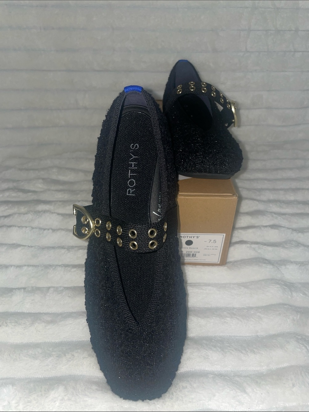 Rothy's Black Textured Mary Jane with Gold Eyelet Strap